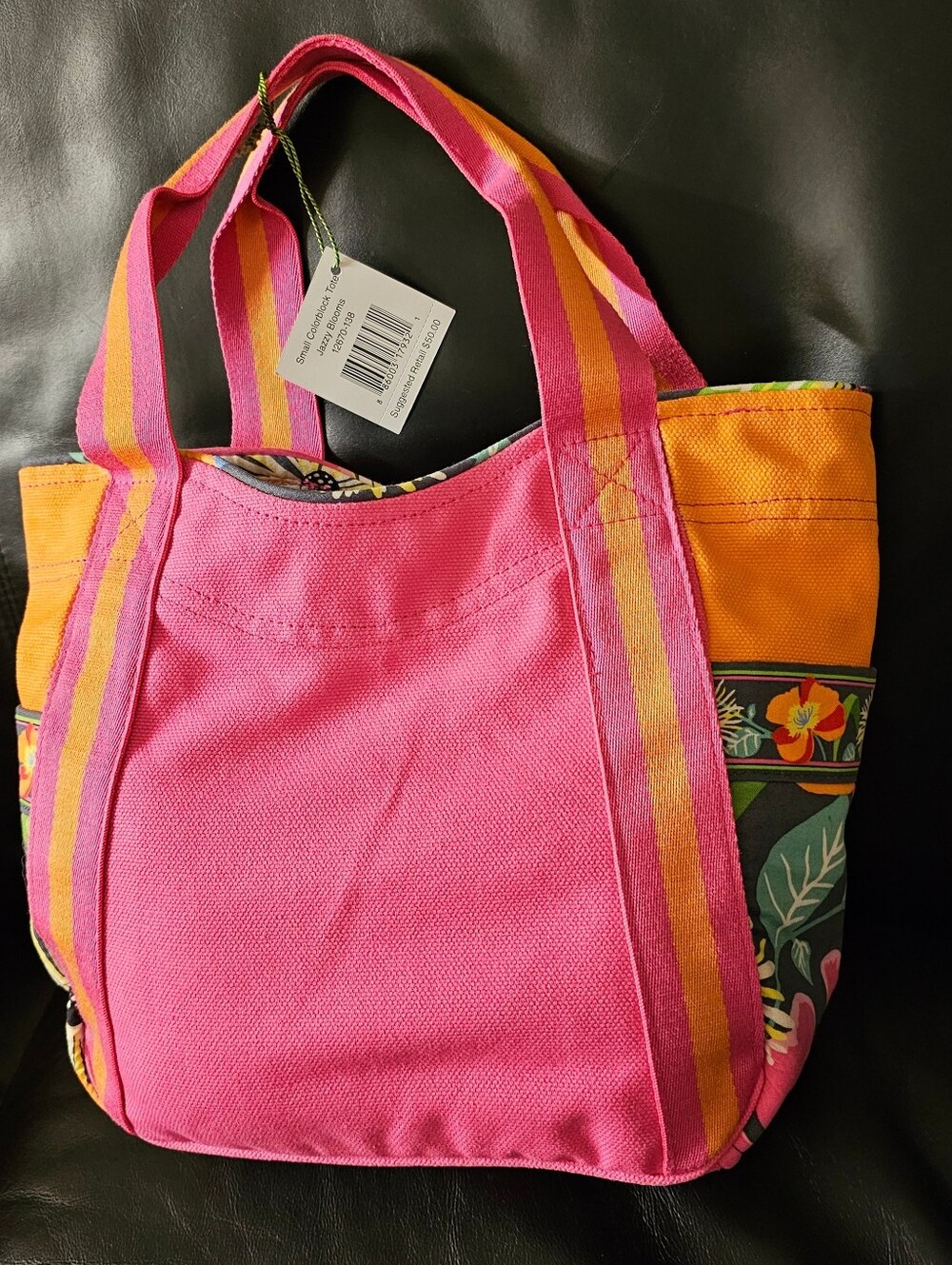 Vera Bradley Hot Pink & Orange Canvas Tote with Floral Trim NWT - Picture 5 of 16
